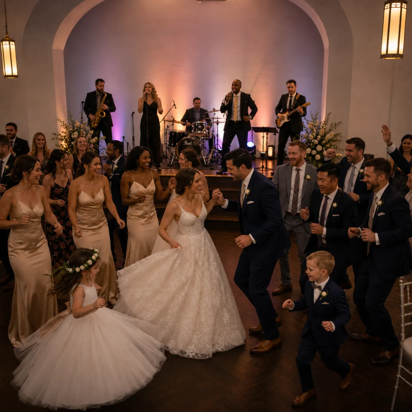 Guests dancing under warm lighting