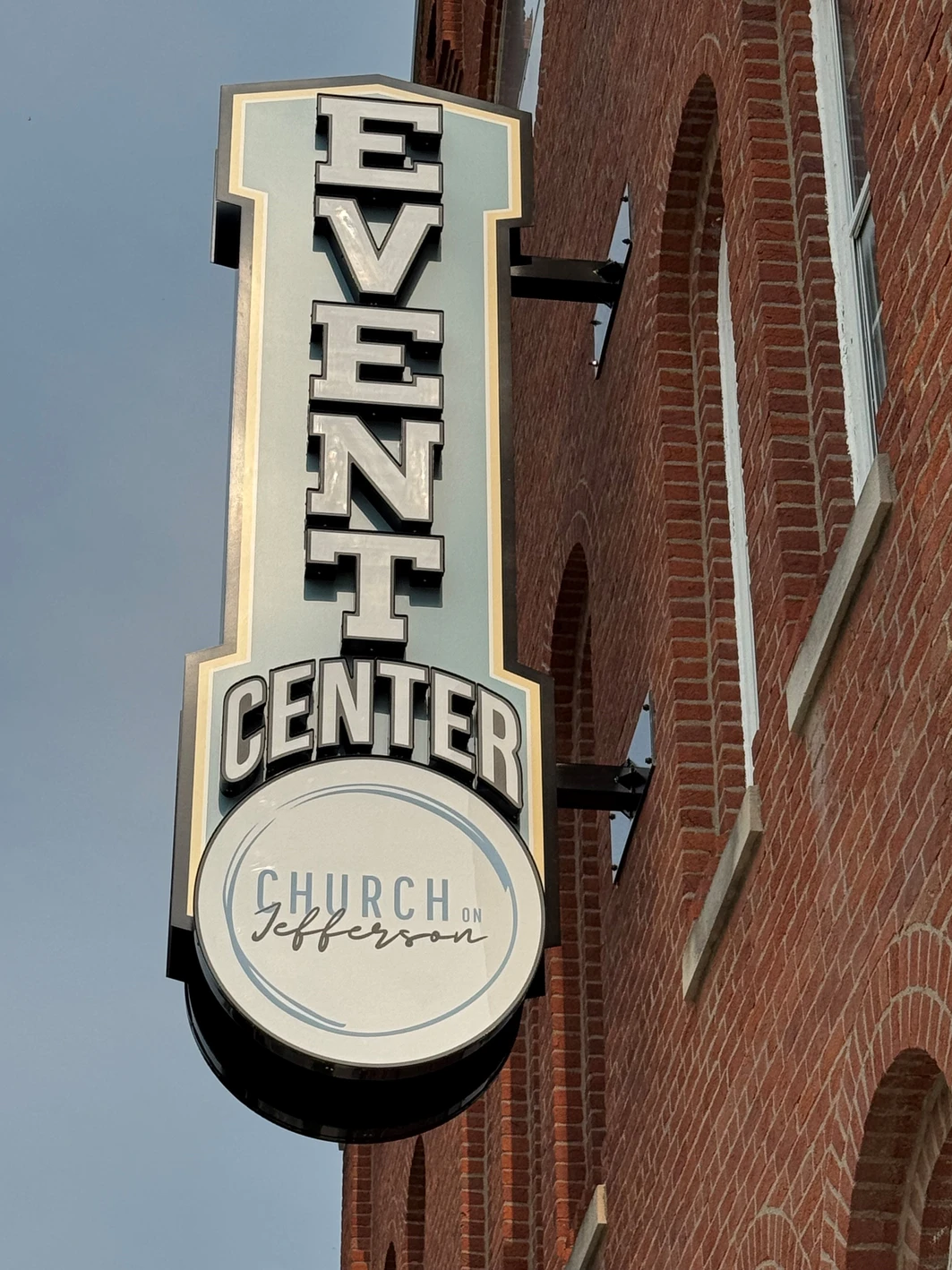 The Church on Jefferson event-venue signage on the historic brick exterior