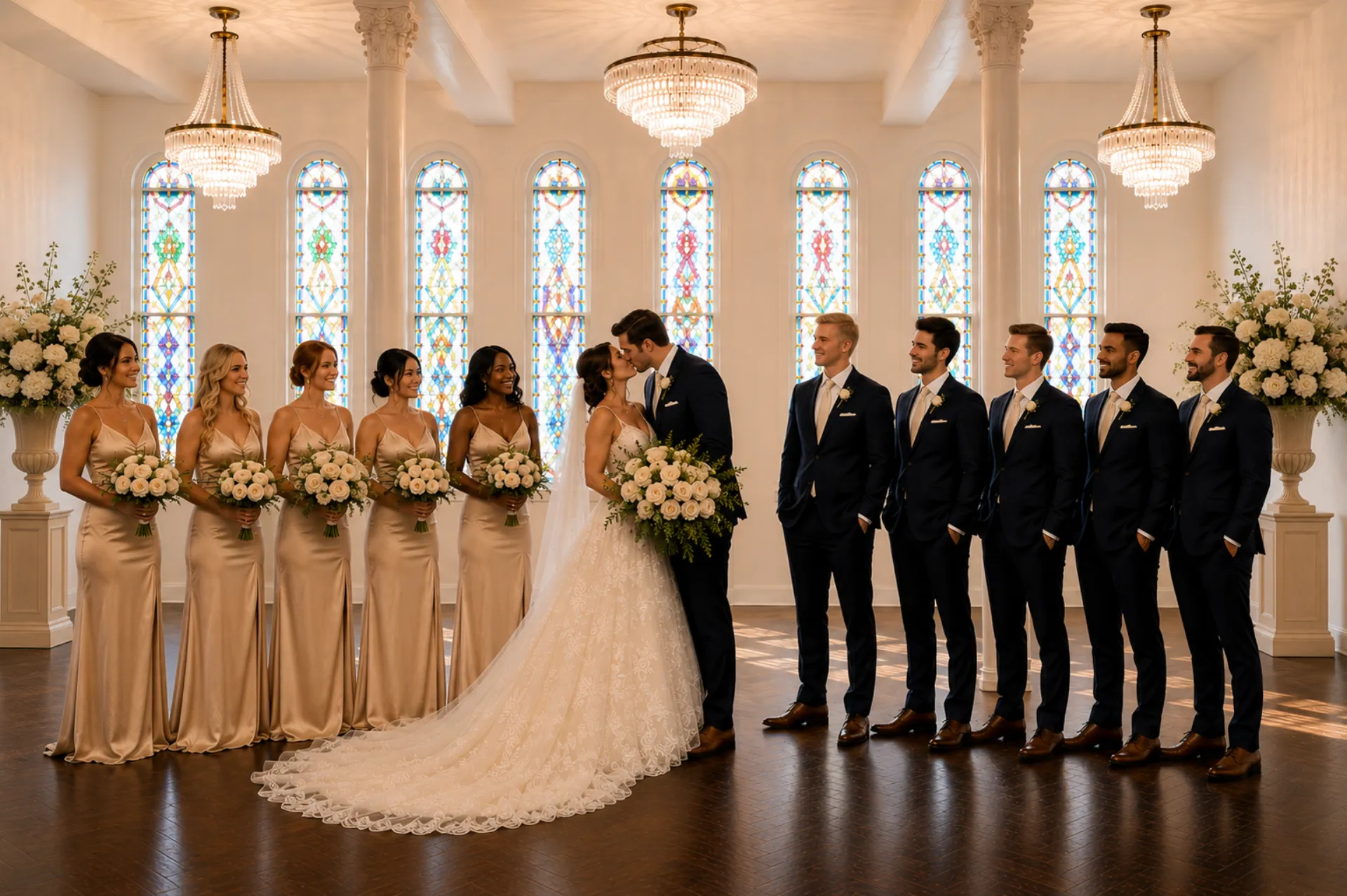 Bride and groom at the altar beneath the stained-glass windows