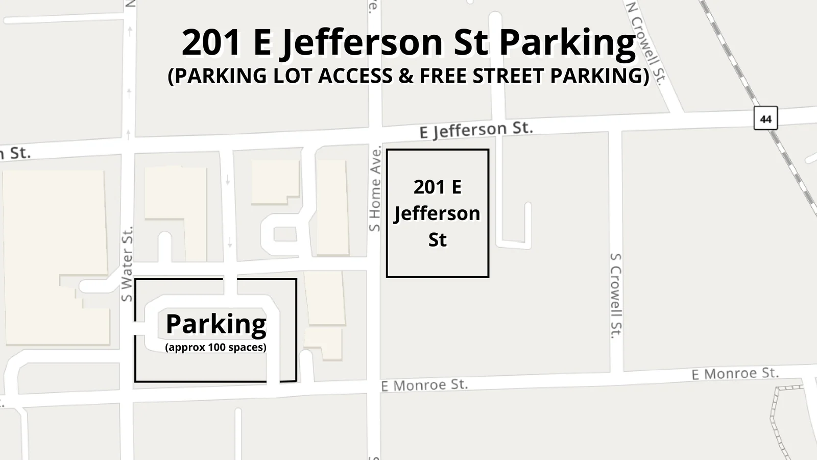 Parking map showing the free lot of about 100 spaces a block southwest of 201 E Jefferson Street, with free street parking nearby