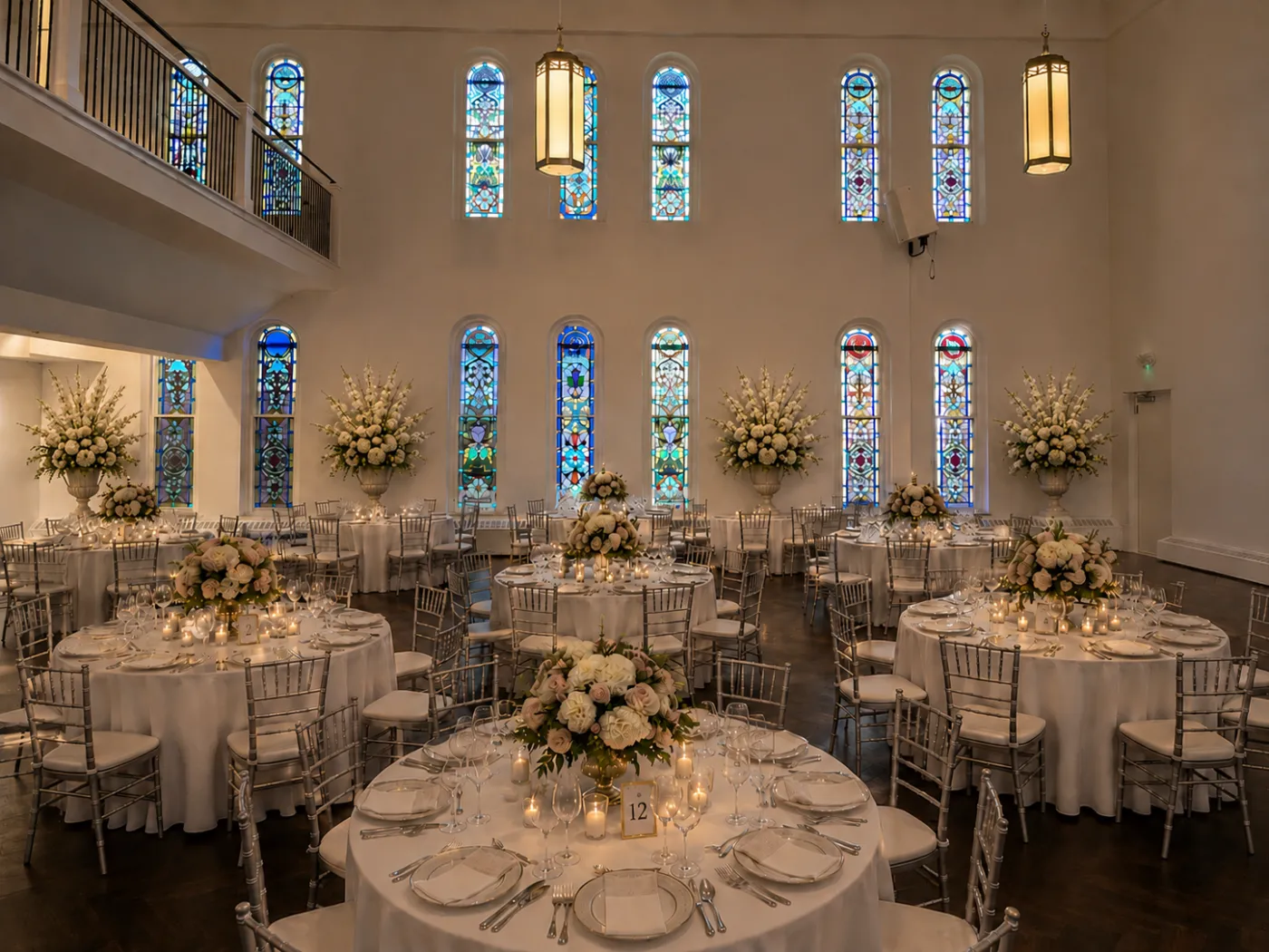 Reception tables set beneath the chandeliers